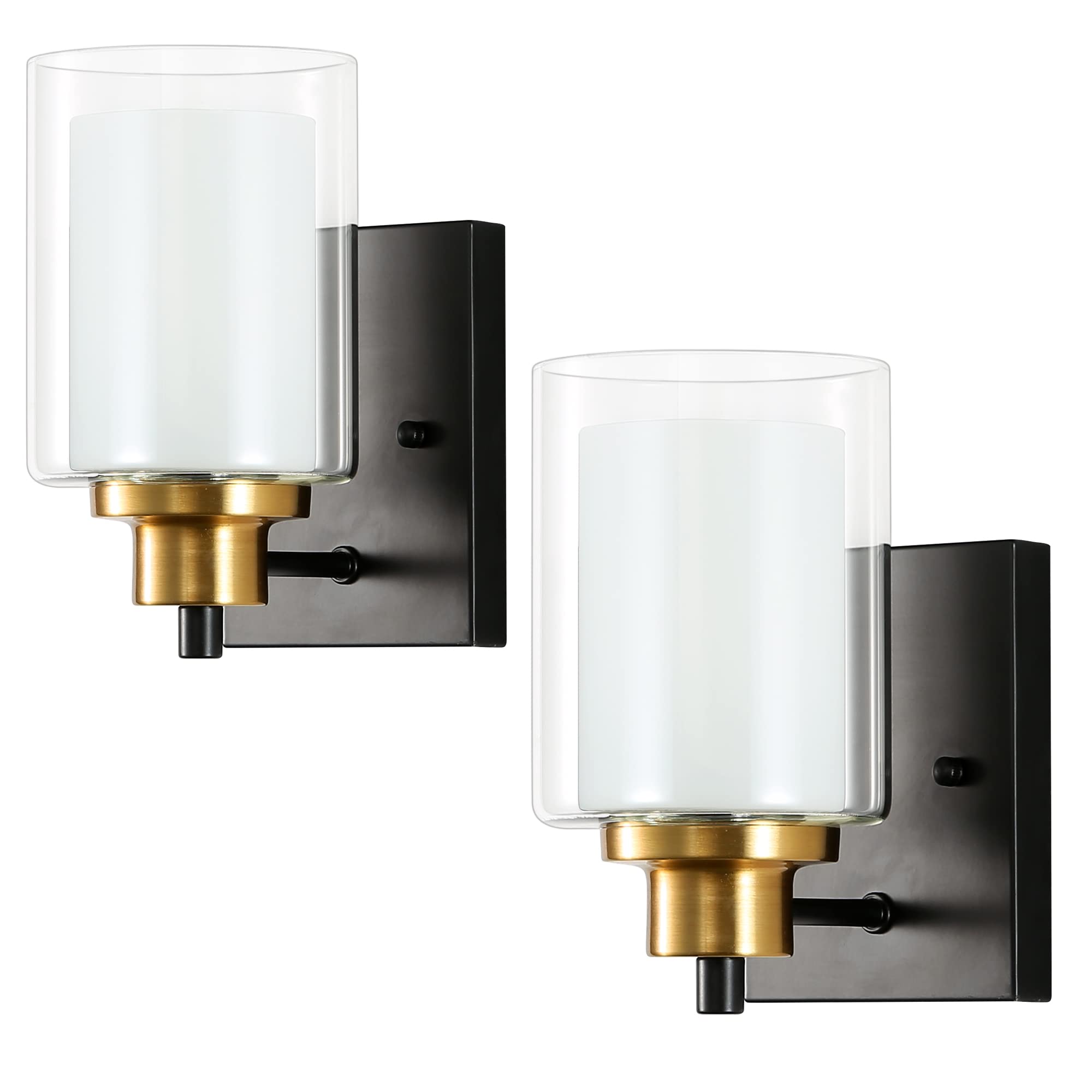 Eietonte 2 Pack Bath Vanity Light Fixtures 1-Light, Indoor Black and Gold Wall Light with Dual Glass Shade, Bathroom Wall Scone, Vintage E26 Bese Wall Mount Lighting for Porch Bedroom Entryway Stairs