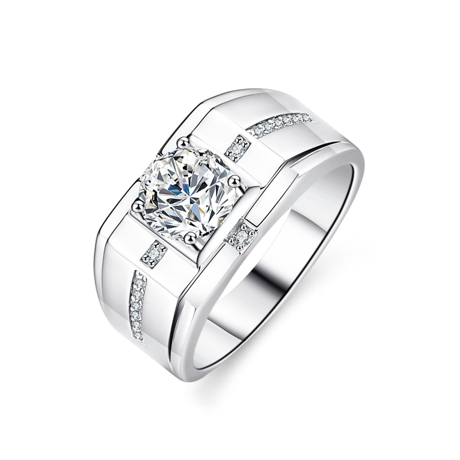 Anillo de oro blanco para hombre, oro blanco de 9 quilates, 14 quilates, 18 quilates, 4 puntas redondas con anillo de moissanita de 1 quilate