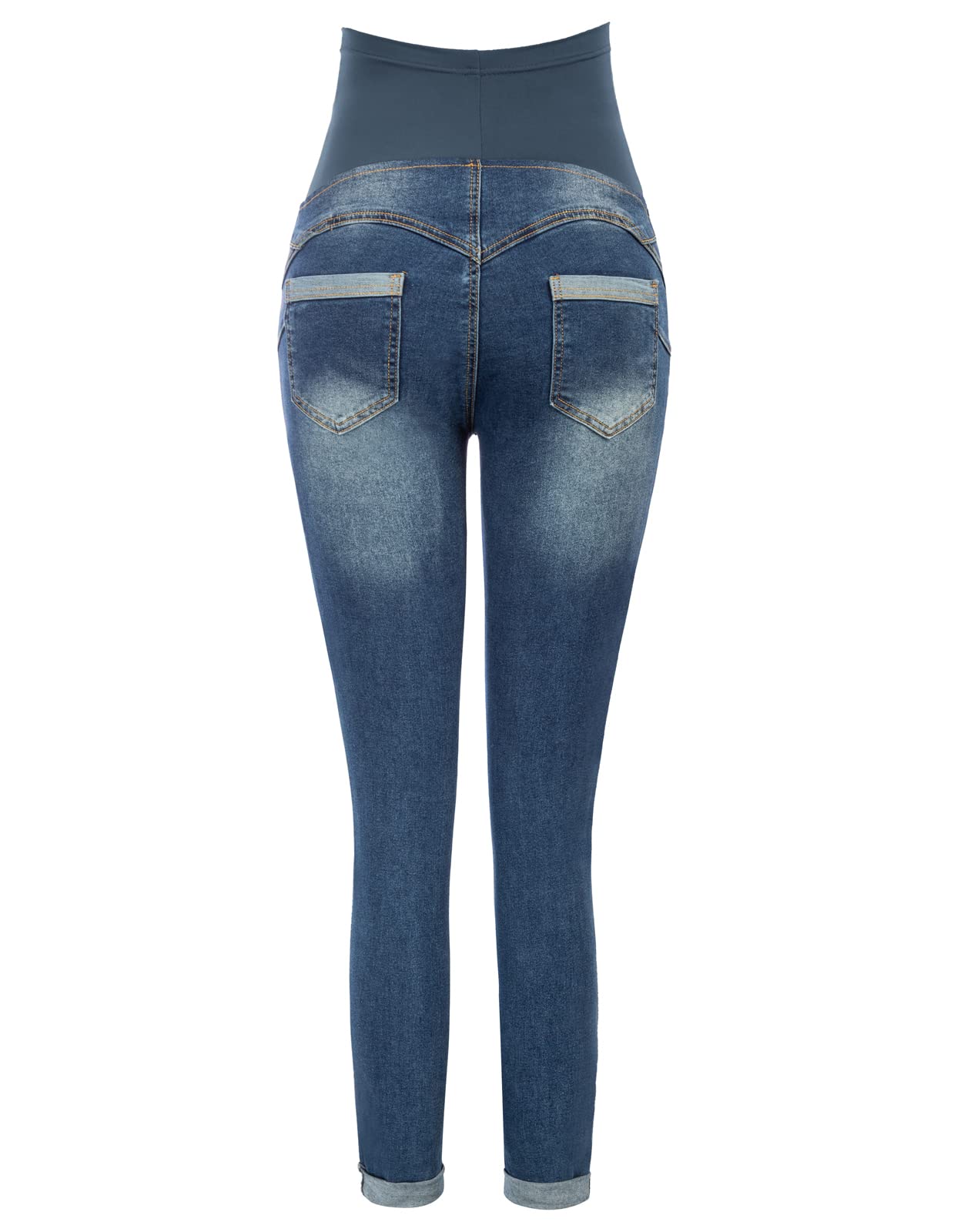 Maacie Pantalones de maternidad largos elásticos vaqueros para embarazo, cómodos vaqueros para primavera y verano, Azul claro con dobladillos enrollados, S