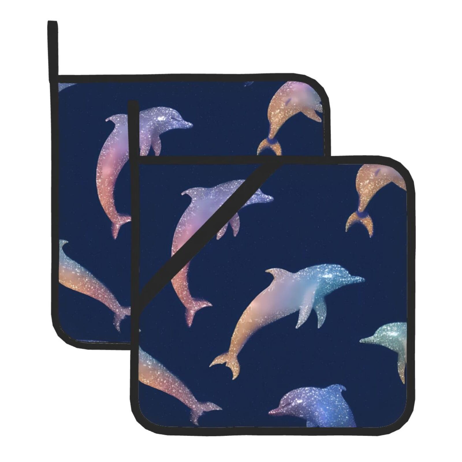 HJFCZH Glitter Dolphin Printed Square Insulated Pot Mat Set (2-Piece) 8x8in Waterproof, Thickened & Easy to Clean with Lanyard Design for Kitchen, Oven & BBQ