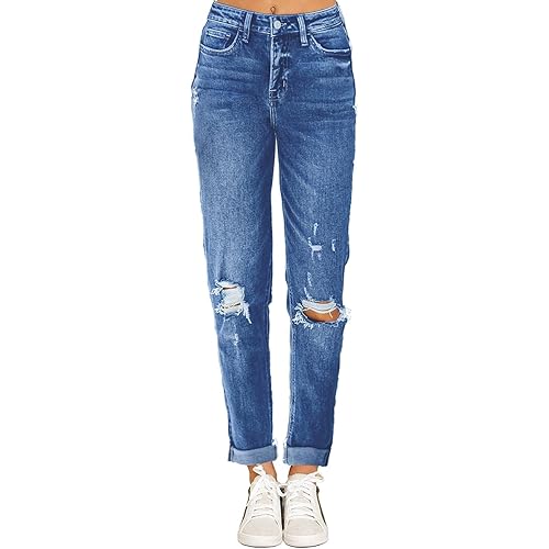 Vetinee Women's High Rise Destroyed Boyfriend Jeans Washed Distressed Ripped Denim Pants