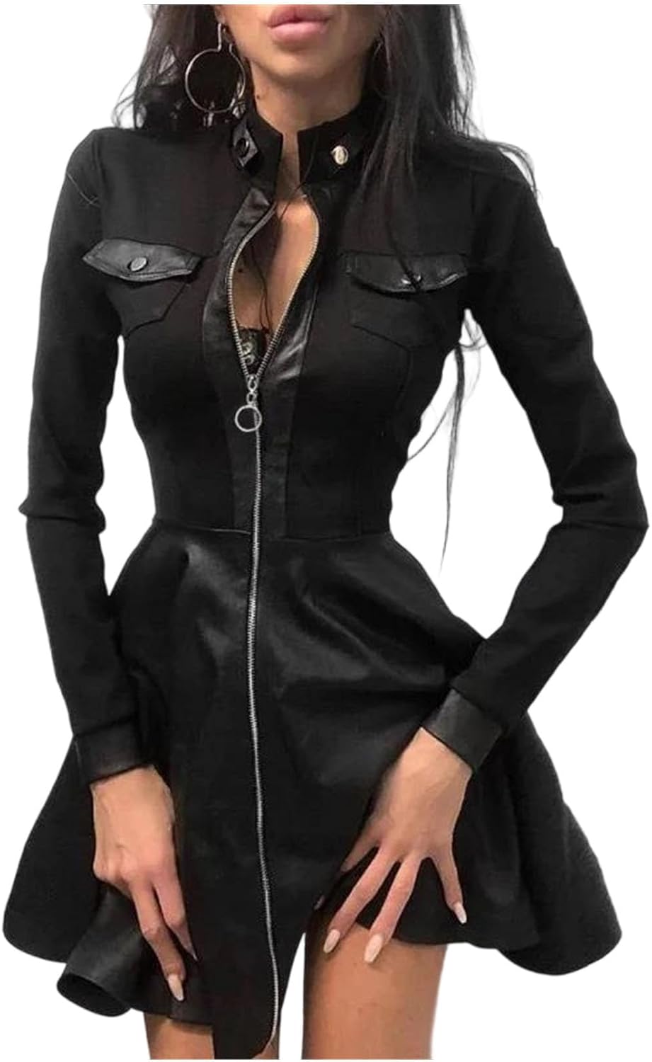 Women's Pu Leather Midi Dress V Neck Long Sleeve Zipper Pocket Slim Fit Dress Fall Winter Outfit
