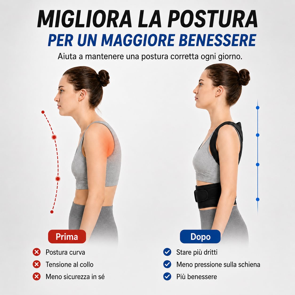Correttore posturale per uomini e donne, regolabile e confortevole, con forti barre di sostegno, sollievo dal mal di schiena, supporto per collo e spalle