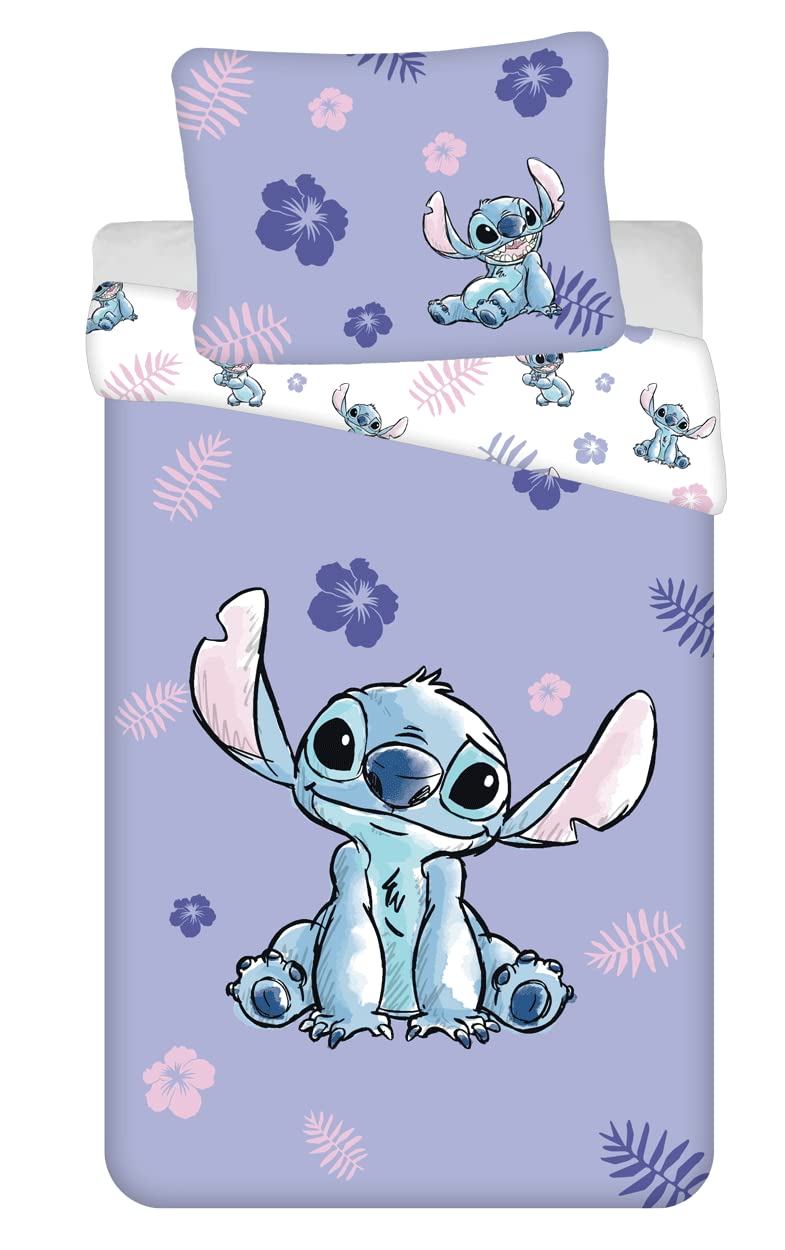 Lilo et Stitch Parure Lit 3 Pièces 140x200 + Taie 65x65 + Drap-Housse Coton