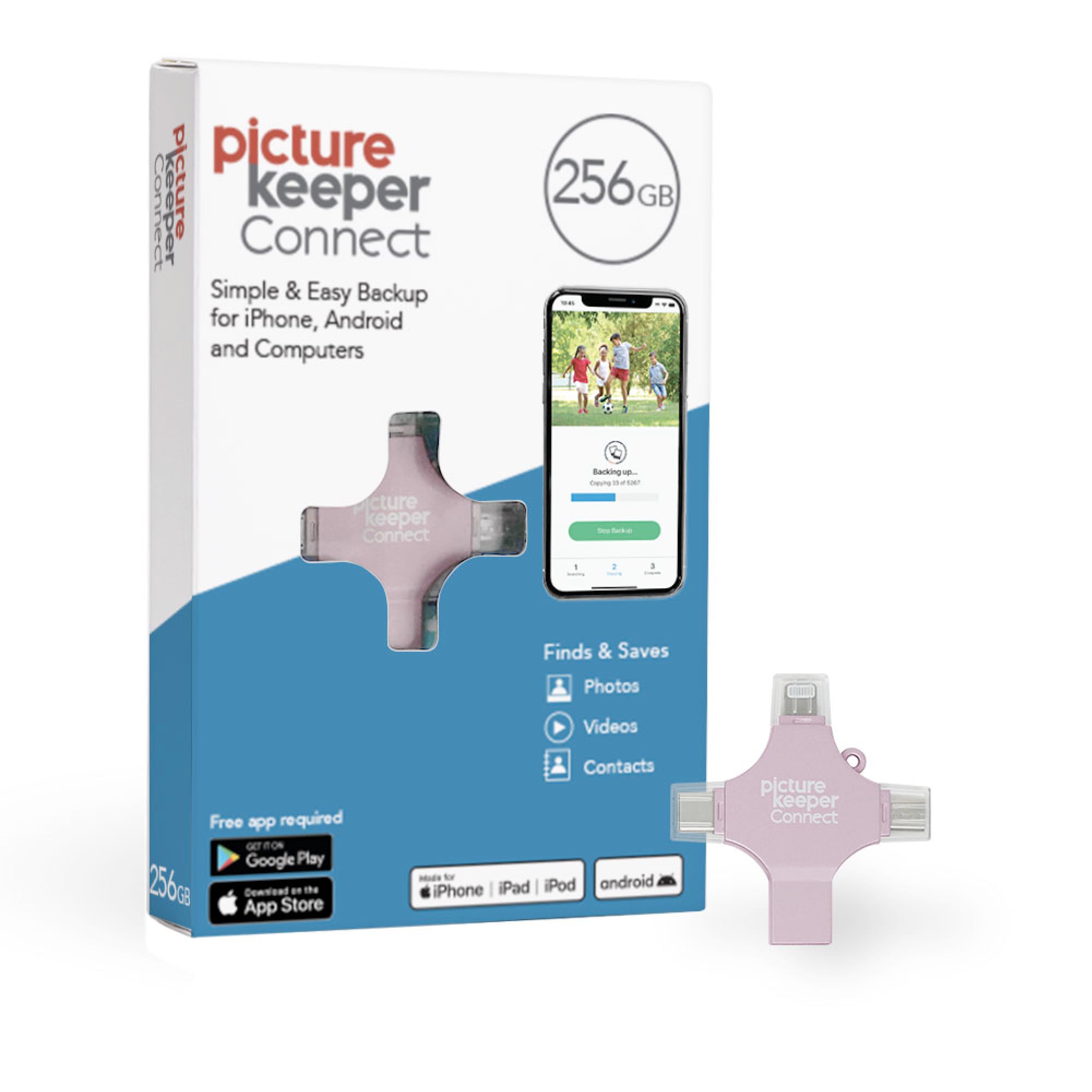 Picture Keeper Connect for iPhone, Android, USB-C, PC & Mac - 256GB USB Backup for Photos, Videos, Contacts, Flash Drive Memory Backup, External