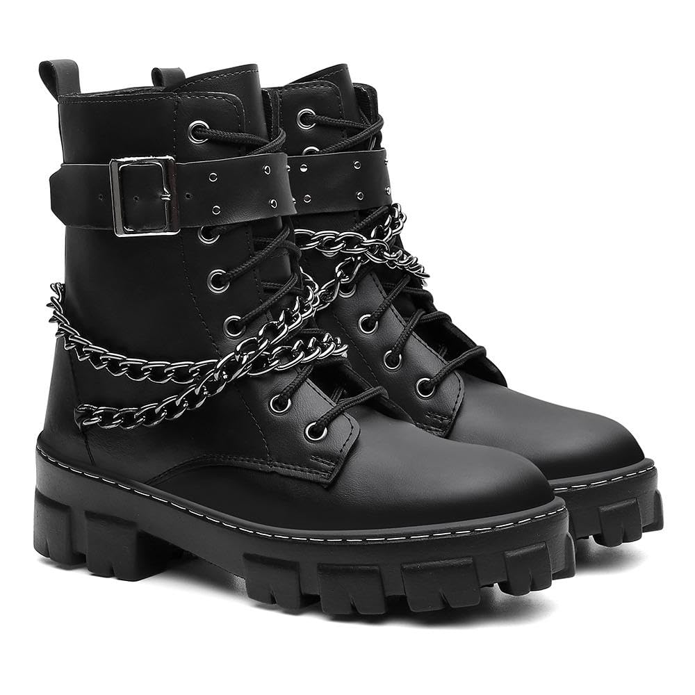 Bota Coturno Feminina Preta com Correntes, Cano Alto, Sola Tratorada, Couro Sintético, Estilo Urbano, Fecho com Zíper Lateral, Design Moderno e Atitude em promoção! Veja a oferta e mais achadinhos de Botas 5 Hoje é o melhor dia para comprar Bota Coturno Feminina Preta com Correntes, Cano Alto, Sola Tratorada, Couro Sintético, Estilo Urbano, Fecho com Zíper Lateral, Design Moderno e Atitude com aquele preço maroto! Promoção! Aproveite a oferta! 5