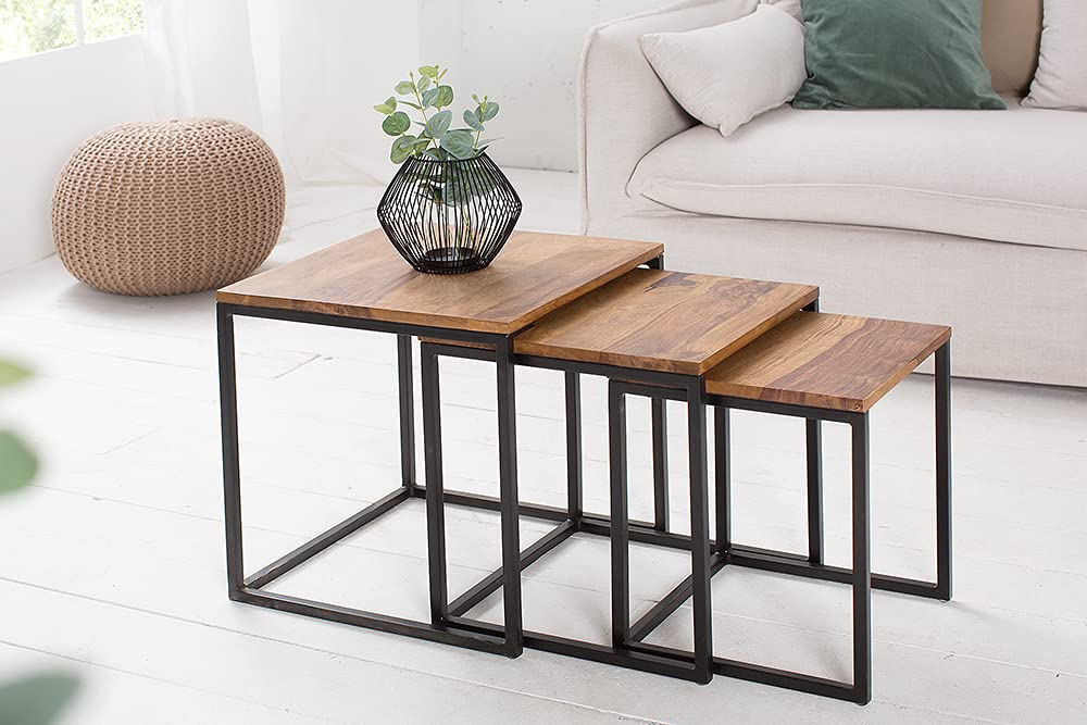 invicta INTERIOR Beistelltisch 3er Set Elements Sheesham Metall schwarz Satztische Tischset Couchtische Beistelltische Wohnzimmertische