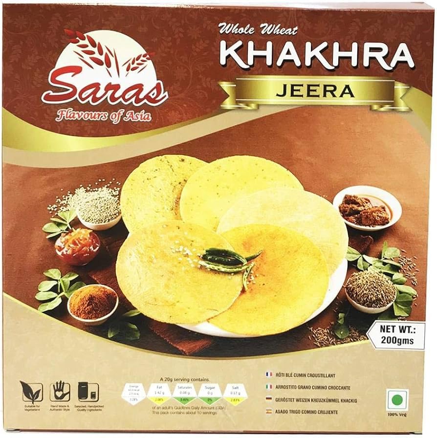 Saras Khakhra Jeera 180g (Pack of 2) | Authentic Gujarati Crispy Flatbread | Healthy Snack with Jeera Flavor | Indian Traditional Snack