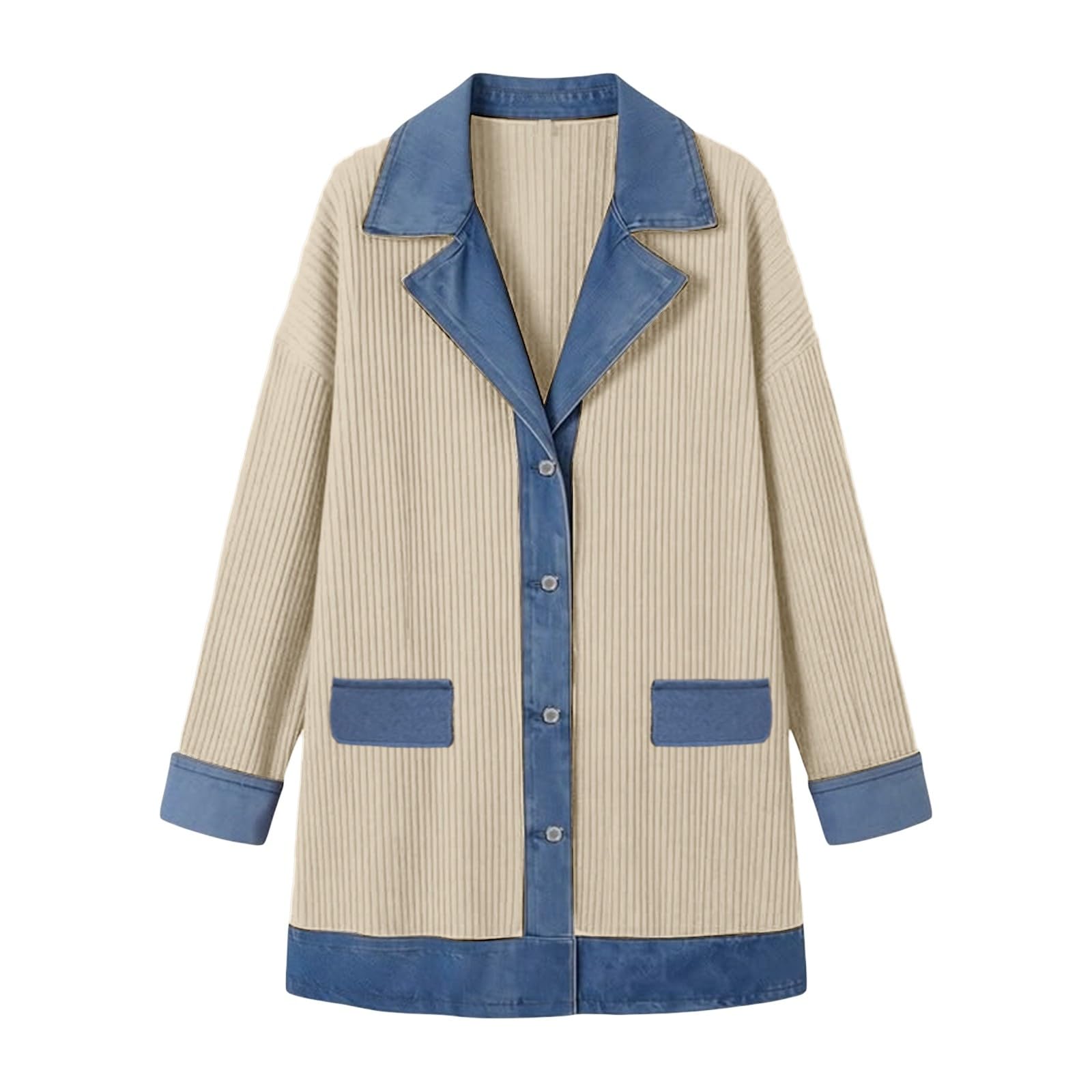 Générique Veste Femme en Tricoté Veste Col Tailleur et Détails en Jean Style Décontracté et Chic Coupe Longue et Large Bloc de Couleurs Tricoté Épaisse Vêtement D'extérieur Manteau de Loisir
