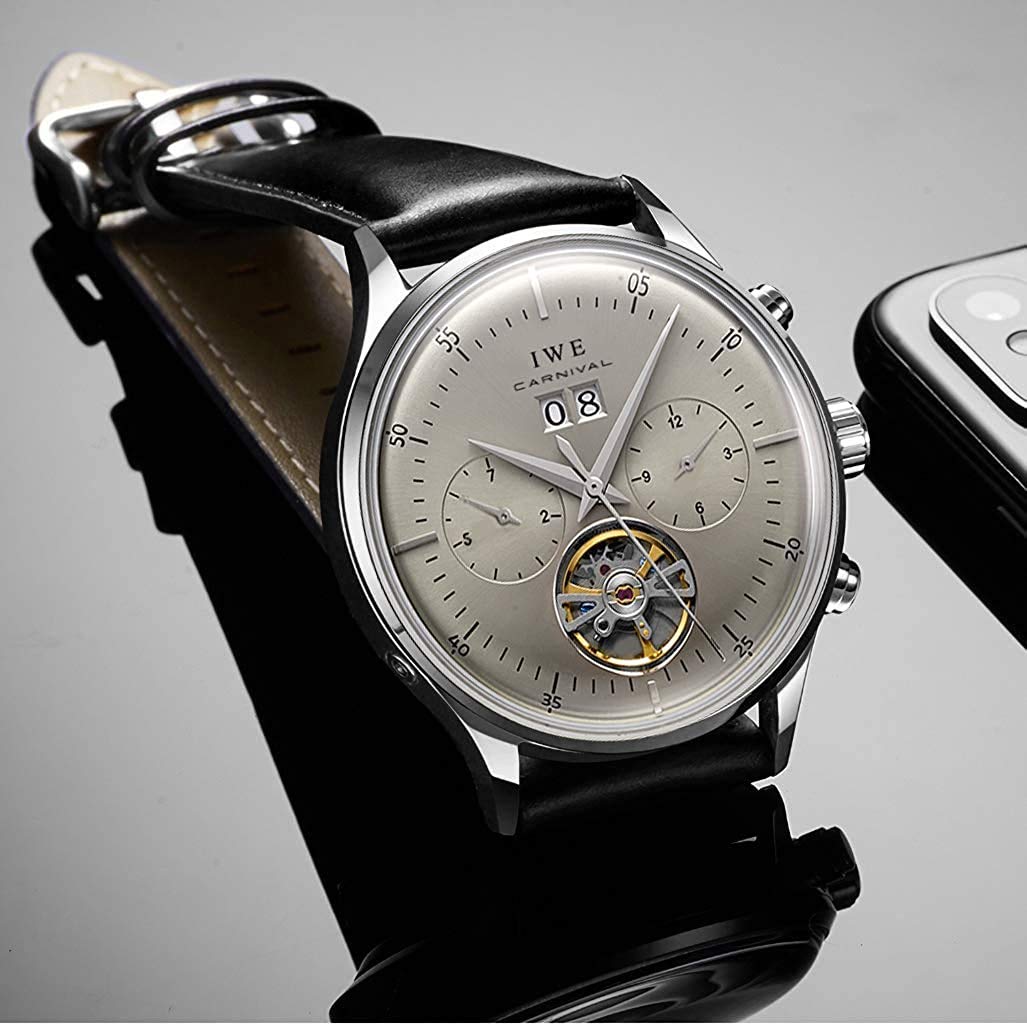 MASTOP Schweiz Herren Komplikationen Automatische Mechanische Uhr mit Lederband Business Edelstahl Kleid Armbanduhr Klassisch Kalender Datum Fenster 3ATM Wasserdicht