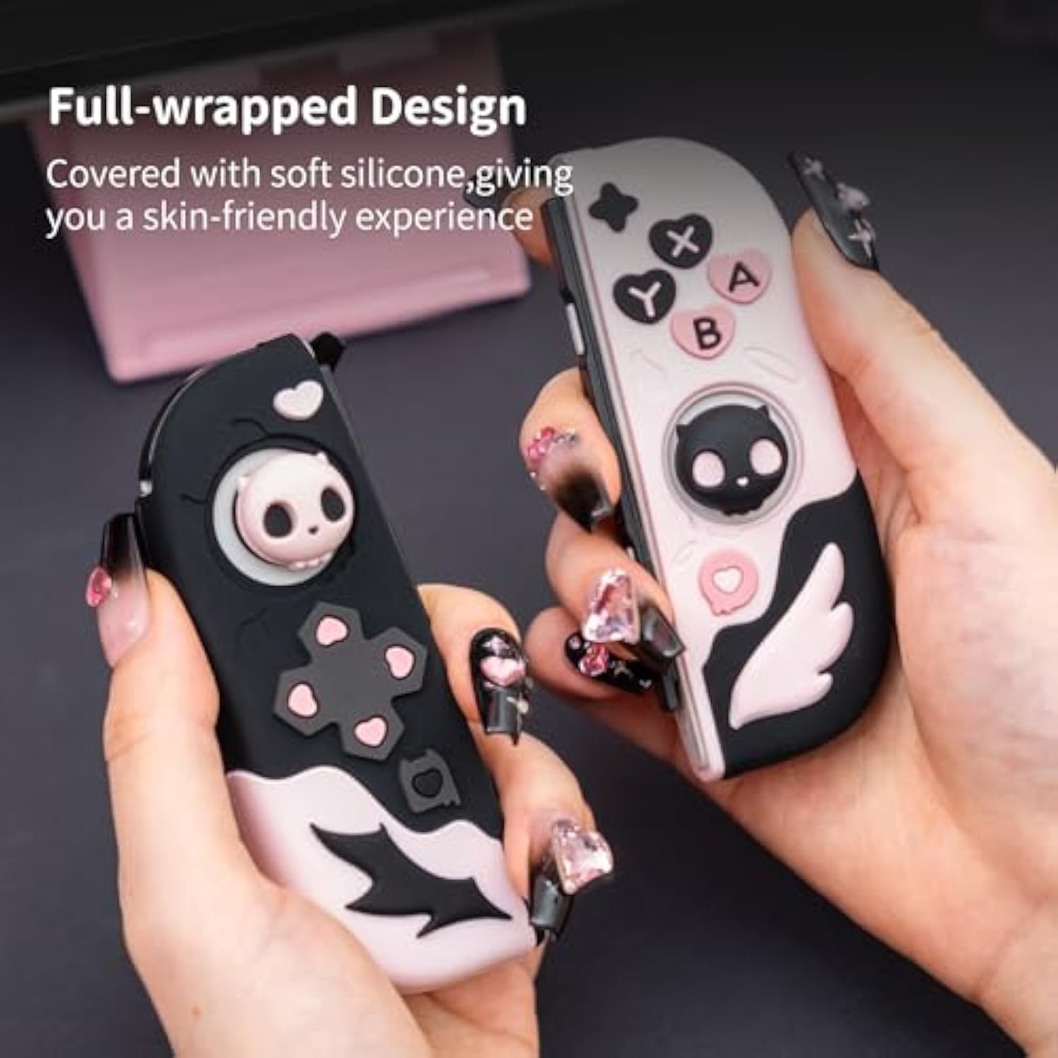 GeekShare Custodia Protettiva per Switch Custodia Slim Cover Morbida Custodia in Silicone Separata per Joycon con 2 Cappucci per Impugnatura per il Pollice, Teschio Sweetheart