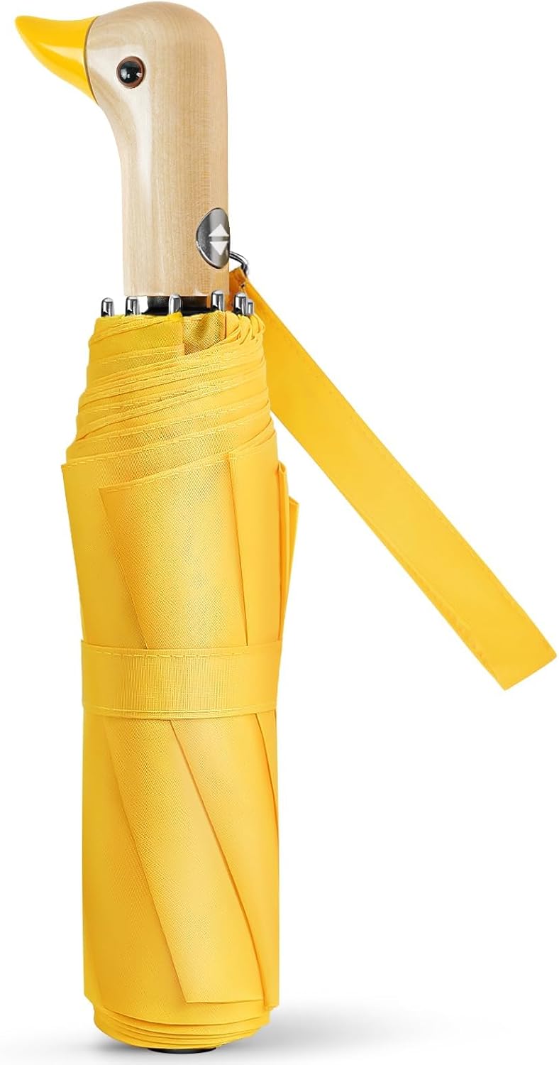 Cute Duck Umbrella Automatic - Compact Pretty Pocket Size Strong Duck Collapsible Umbrella Yellow Wooden Handle for Women