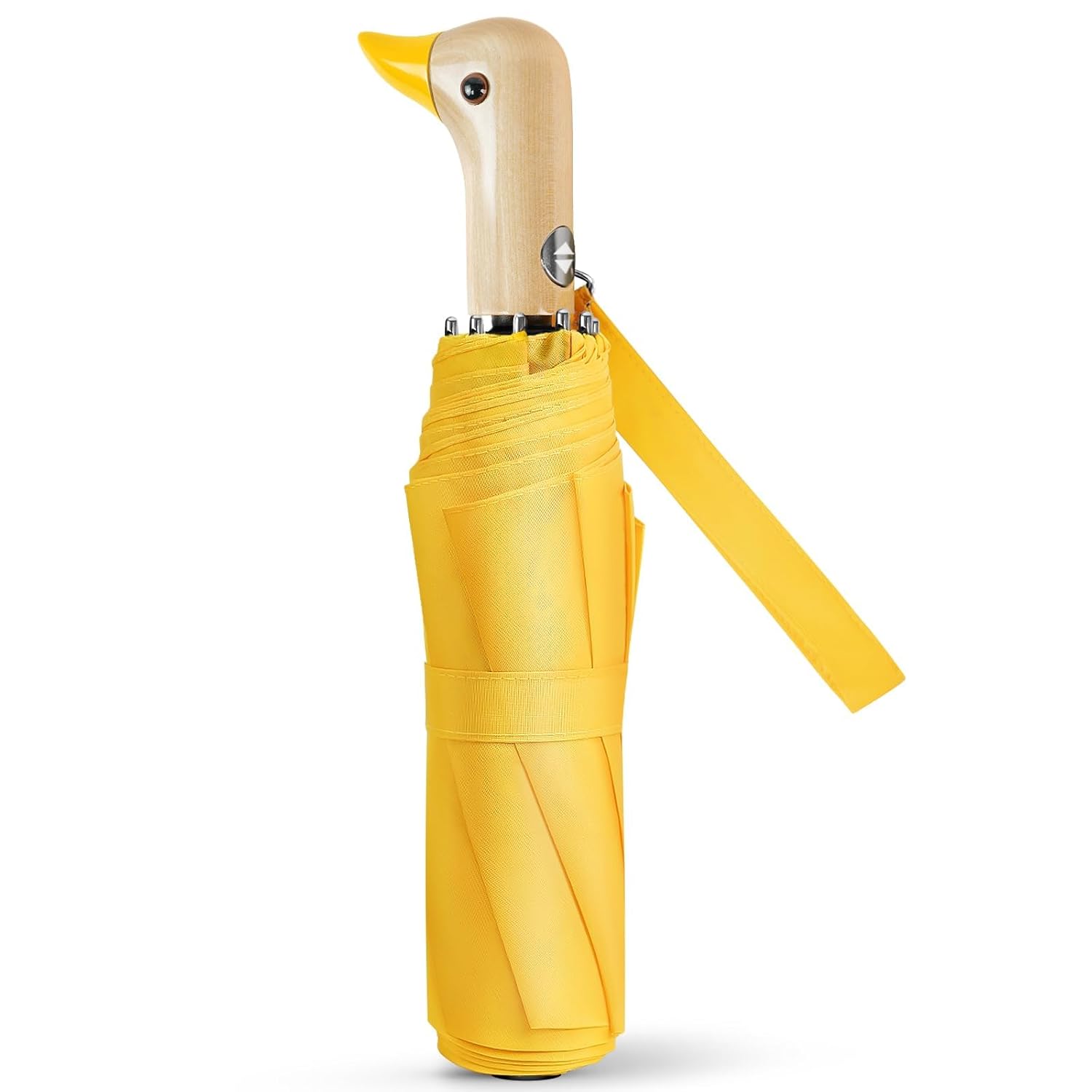 Cute Duck Umbrella Automatic - Compact Pretty Pocket Size Strong Duck Collapsible Umbrella Yellow Wooden Handle for Women
