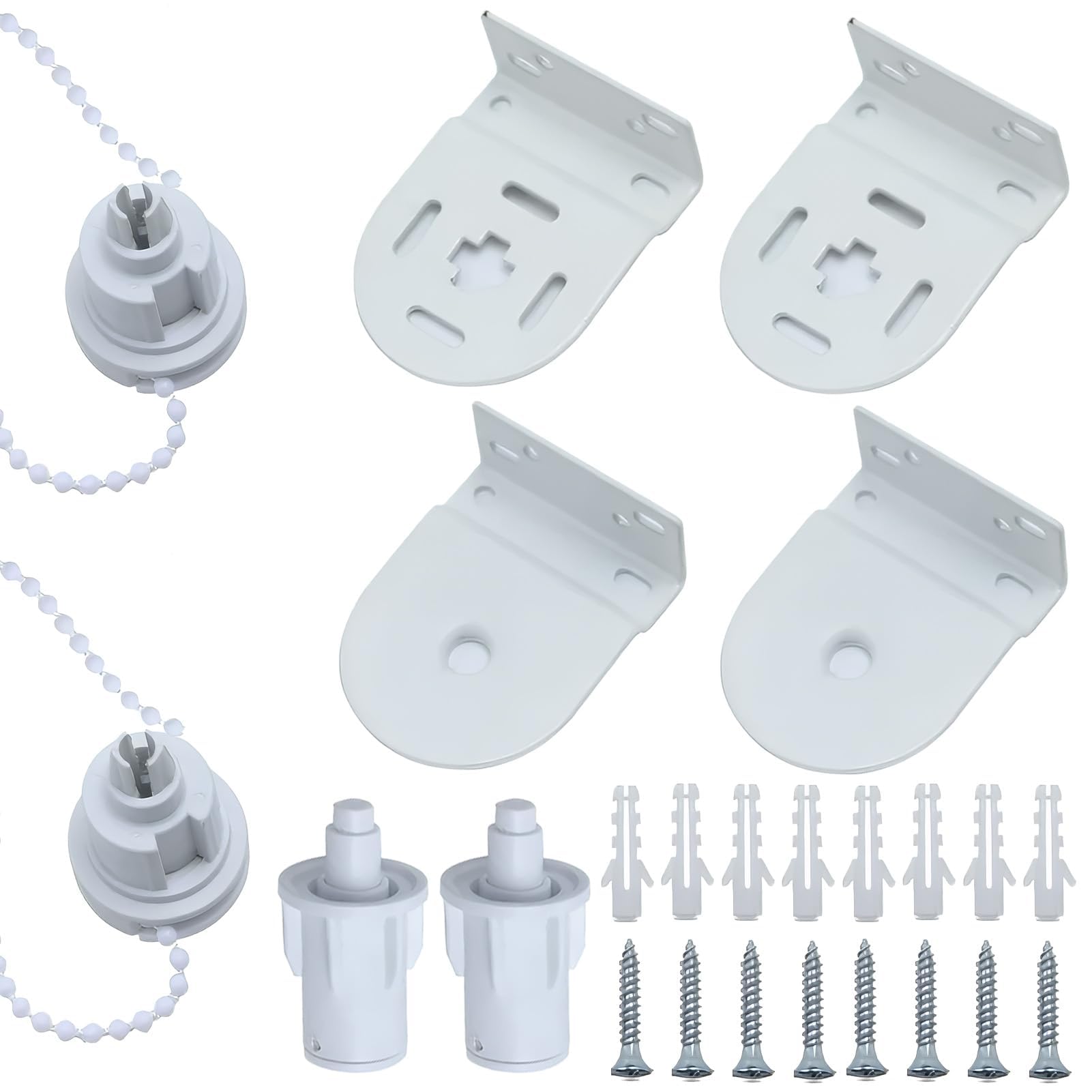 Roller Blind Repair Kit Pack of 2, 32mm Metal Brackets Bead Chain and Spare Parts for Windows, Heavy Duty White Curtain Fittings Set for Home Office(Complete Hardware Included)
