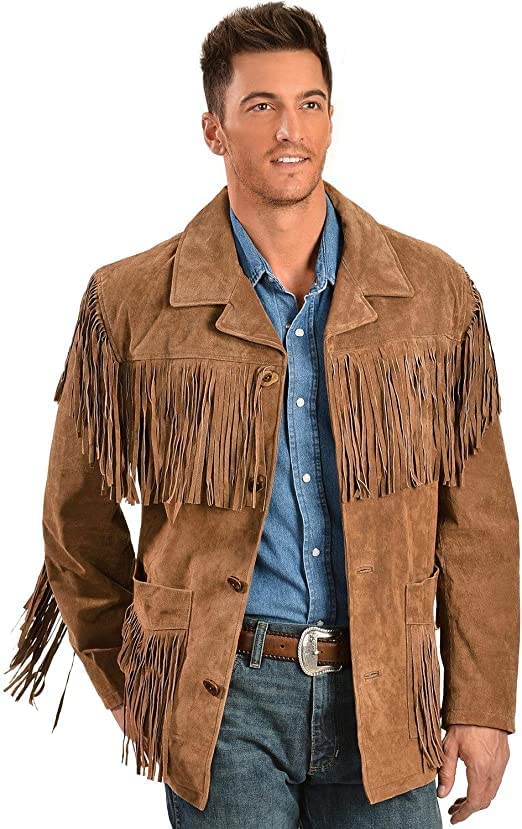 Mens Traditional Western Fringed Suede Leather Jacket | Classic Native American Jacket Coat with Fringed
