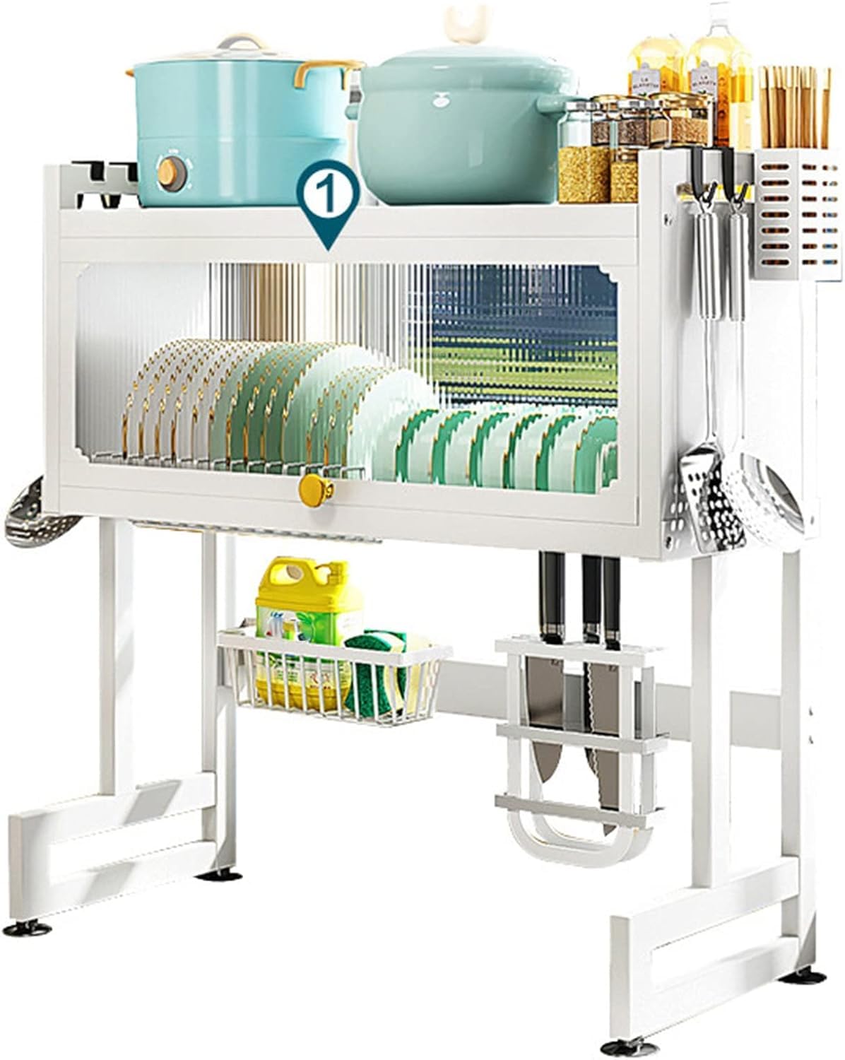 MYUYEE Large 2 Tier Over Sink Dish Drainer Rack Space Saving Kitchen With Lid Multi Functional Spice Shelf Sturdy Utensil Holder(White-65 * 30 * 80Cm)