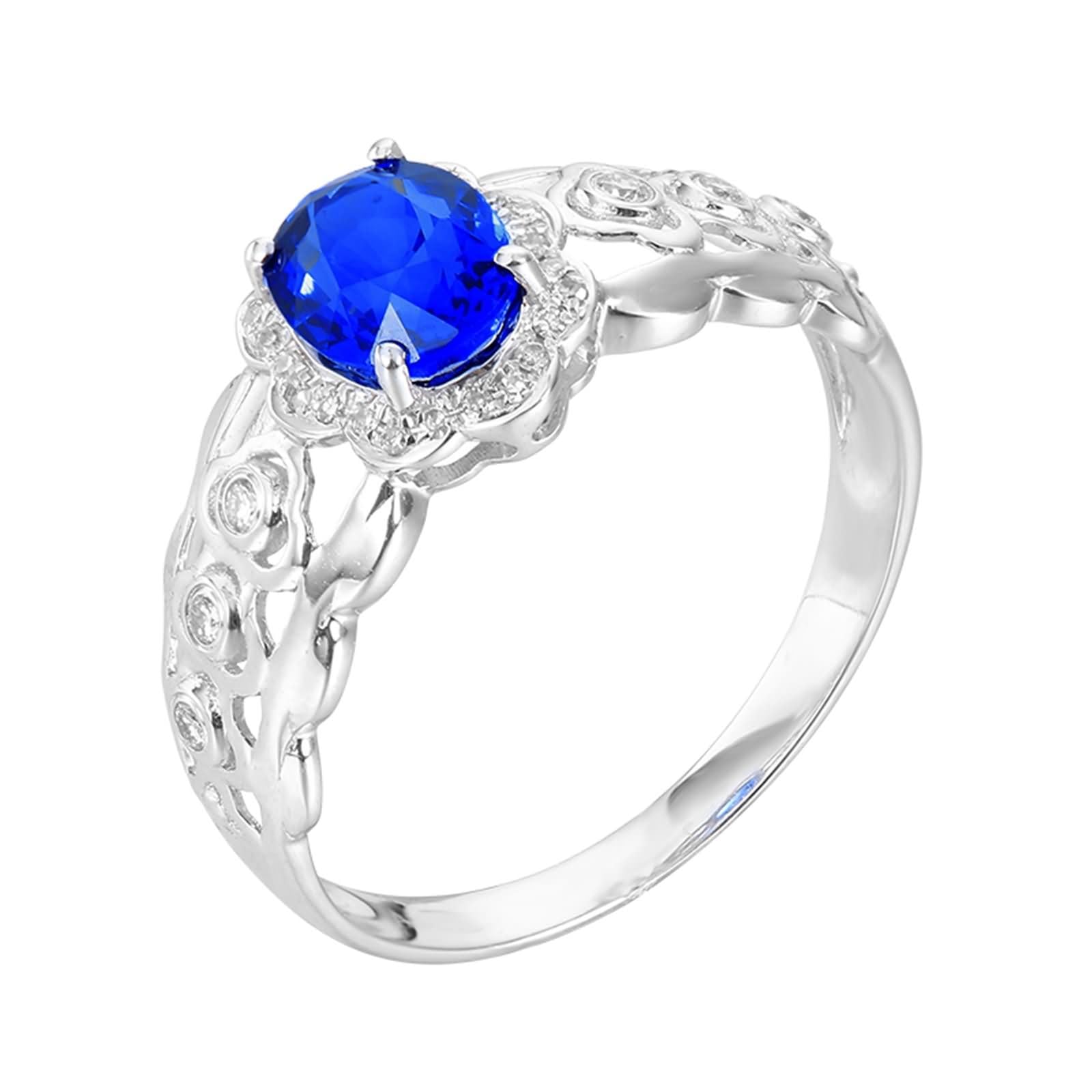Daesar Anillos para Compromiso de Mujer con Hueco y Oval con Zafiro Creado de 1.1ct y Moissanita, Oro Blanco 9K/14K/18K, Anillos Alianza Plata Azul
