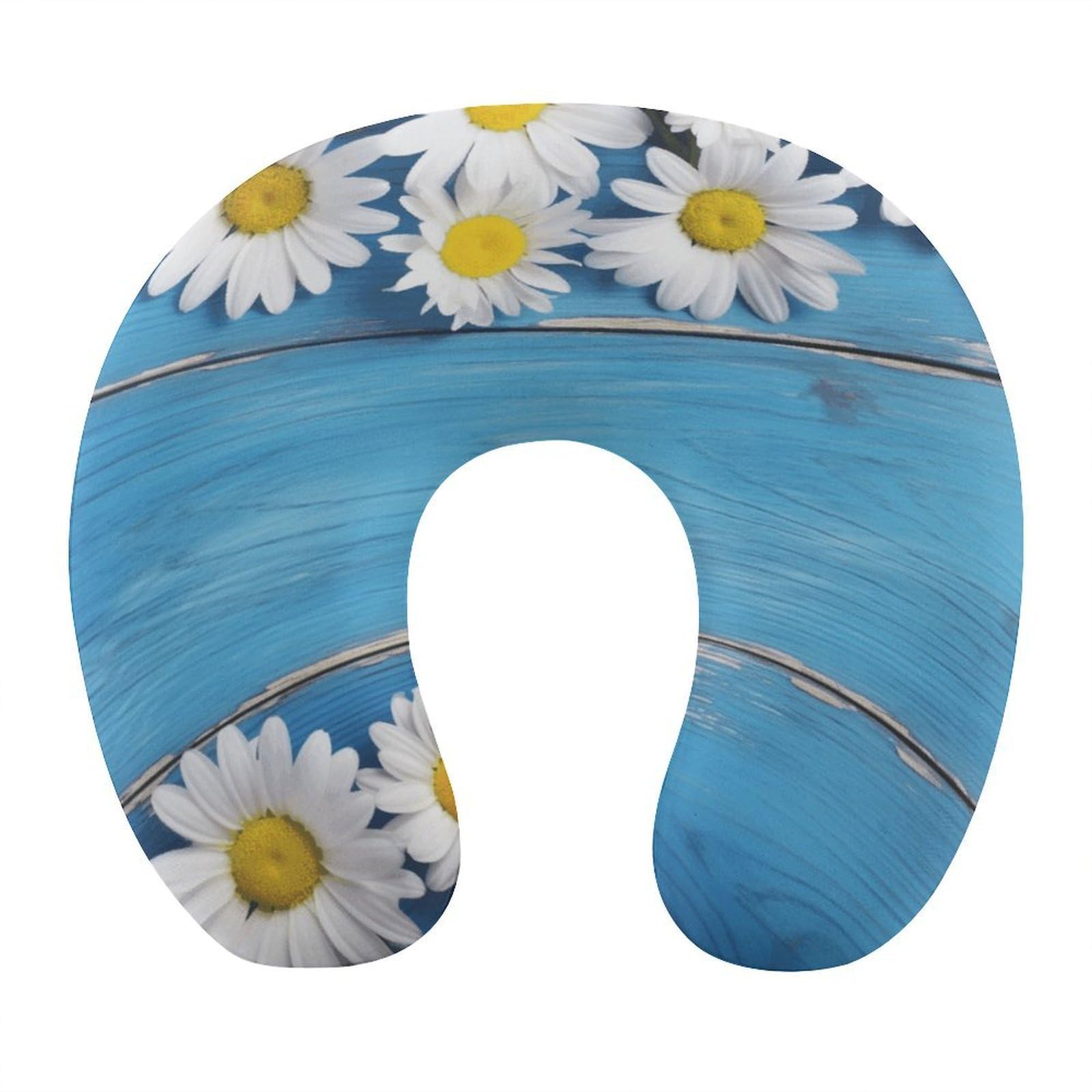 Btcowzrv Style Daisy Flowers Blue Wooden U Shaped Neck Pillow Travel Pillows