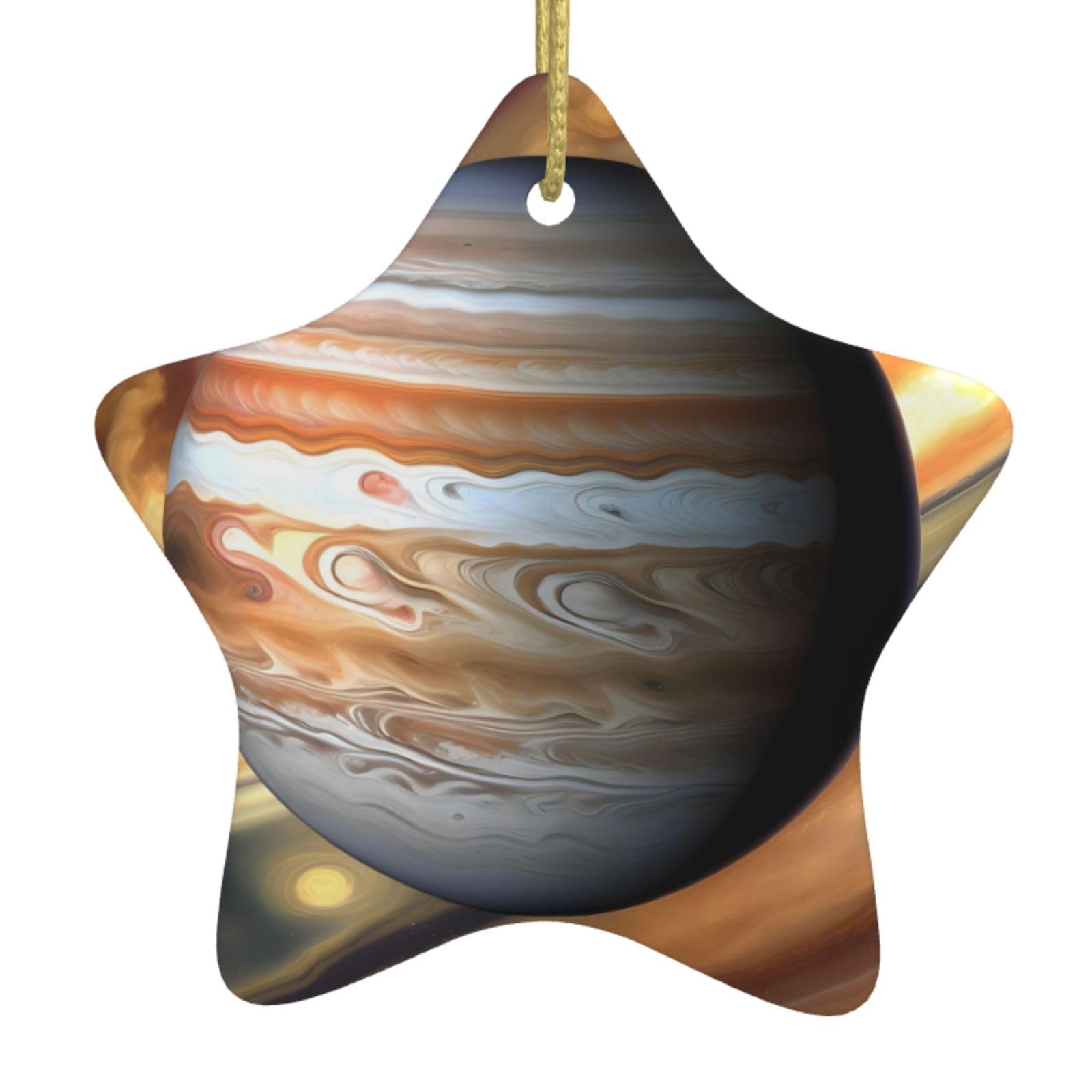 Jupiter Landscape Christmas Ceramic Star Pendant with Punched Holes and Gold Wire Rope, Christmas Tree Home Decoration