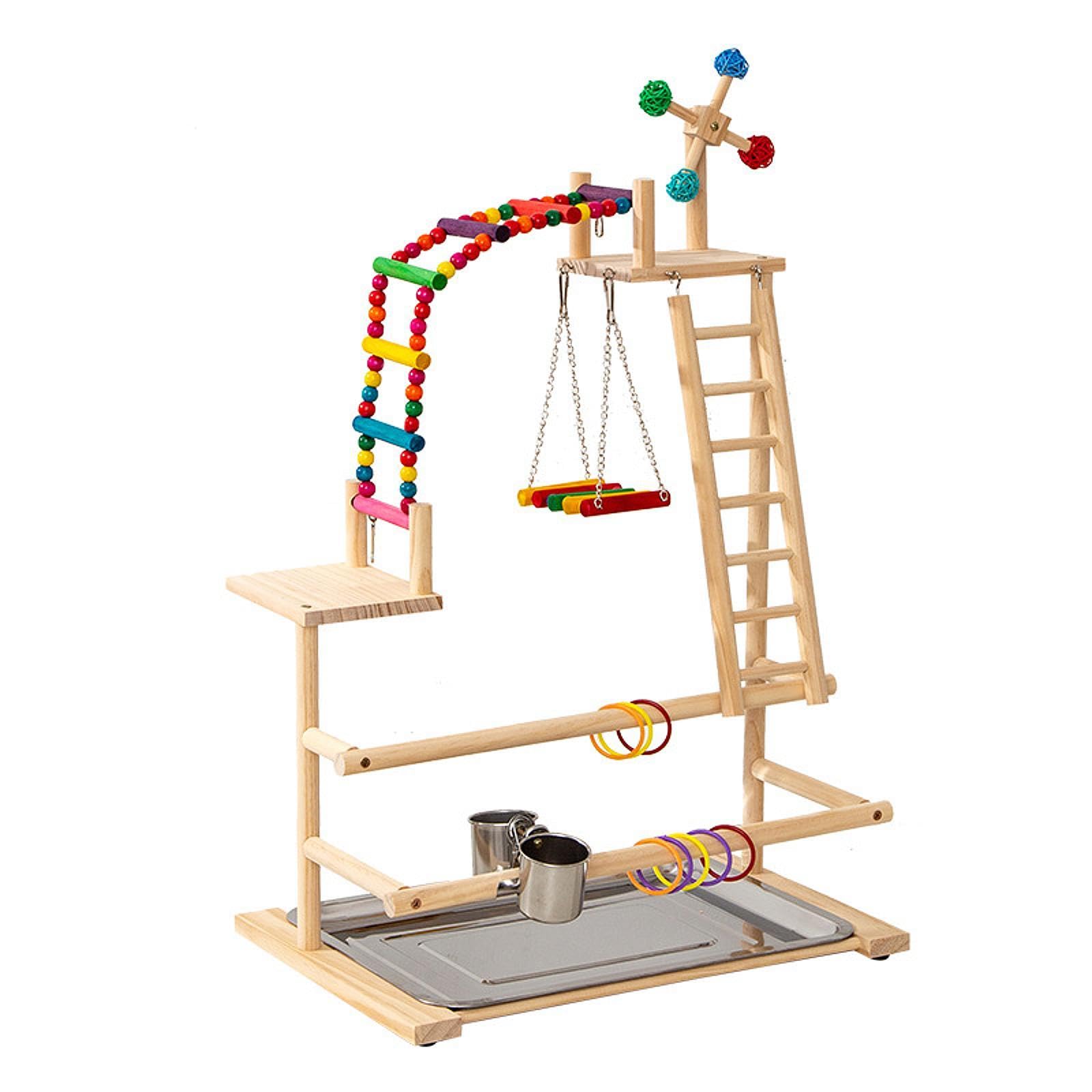 Parrocchetto Palestra Parco Giochi per Uccelli Pappagallo Posatoio in Legno Giocattolo Mulino Interattivo Multifunzionale Alimentatori Adatto per