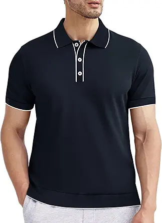 ALTAIREGA Men's Knit Polo Shirts Cotton Short Sleeve Casual Polo Shirt Collared Vintage Shirts with 3 Buttons