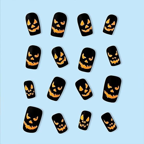 Miniatura 2 de Uñas postizas cuadradas medianas con diseño de calabaza que brillan en la oscuridad, uñas adhesivas con puntas francesas, uñas acrílicas para