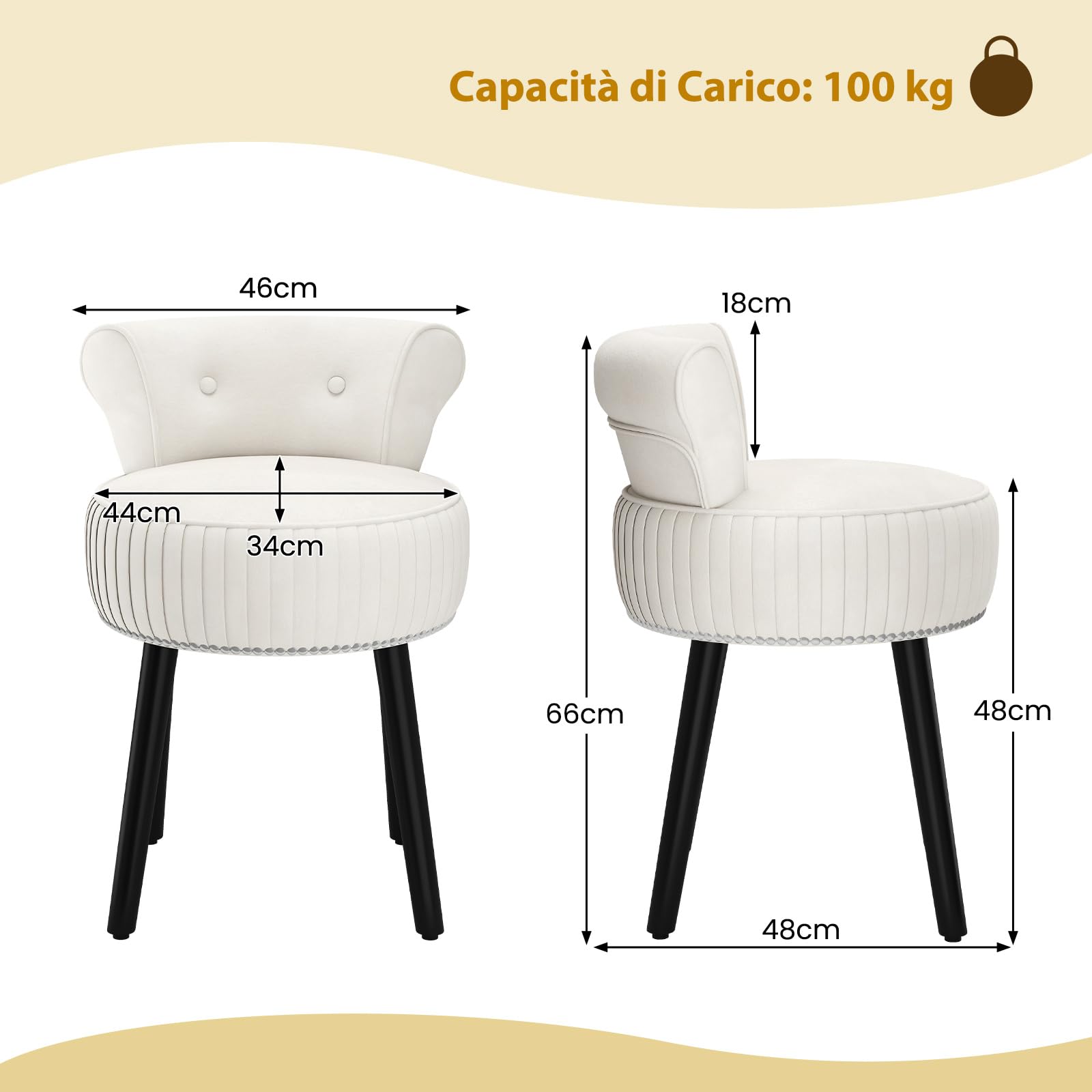 COSTWAY Poltrona da Trucco in Velluto, Sgabello Soggiorno con Gambe in Legno Massello, Sedia d’Accent per Camera da Letto, Soggiorno, Portata 110 kg (Bianco)