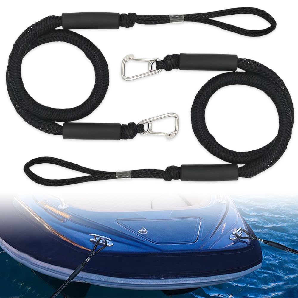 2 Pcs Cordon Bateau, Bungee Dock Line avec Crochet, Double Corde de Dock Tressée, Corde Élastique Amarre pour Bateau Accessoires pour Bateaux, Jet Ski, Ponton, Kayak (Noir)