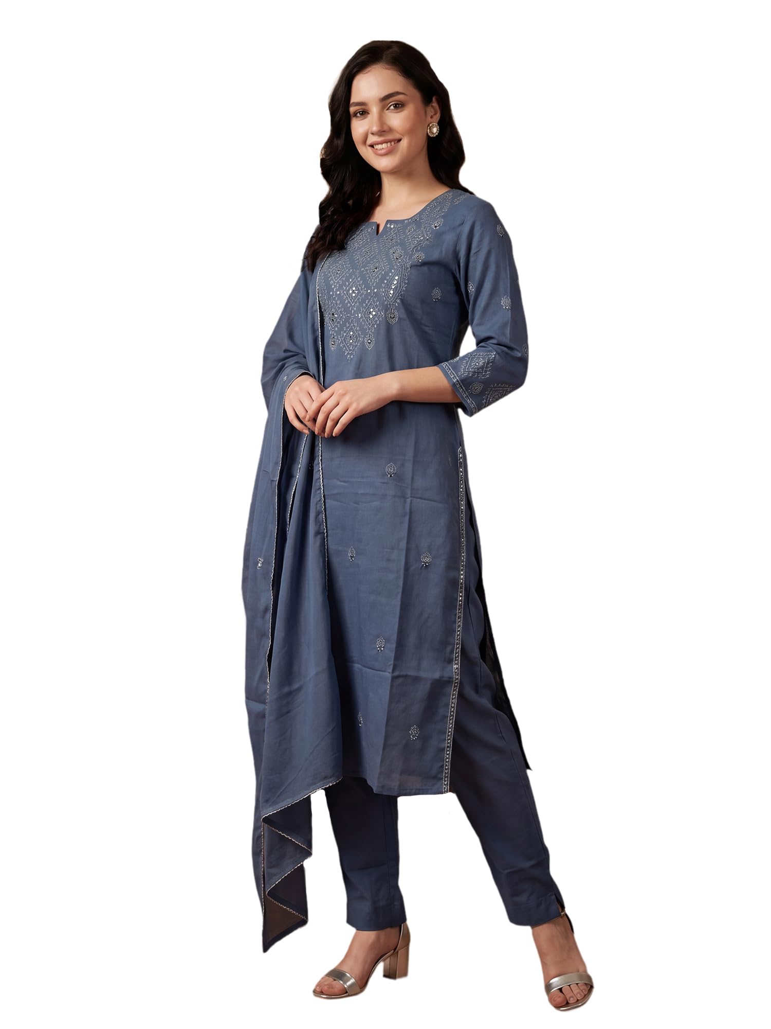 Women's Pure Cotton Embroidered Thread Work Kurta & Pant with Dupatta Set-image-16