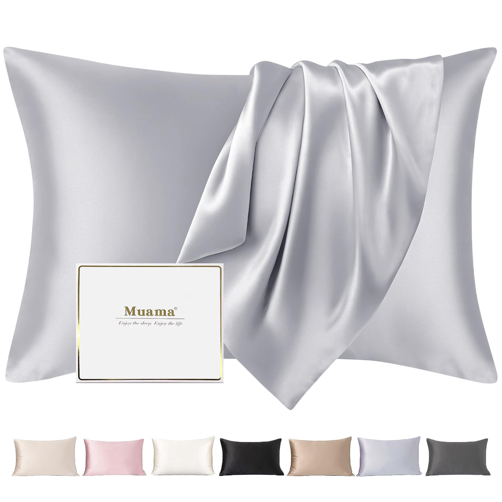Muama Seidenkissenbezug 40x60 cm Kissenbezüge aus Seide Kissenbezug Kopfkissenbezug Silk Pillowcase für Haar und Haut mit verstecktem Reißverschluss, 1 Stück, Silbergrau