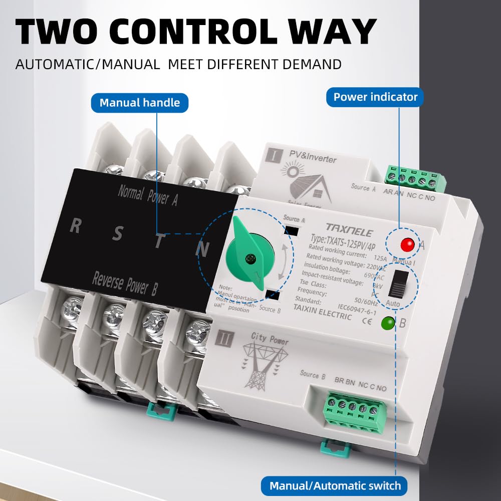 Selettore interruttore di trasferimento automatico a doppia alimentazione Alimentazione ininterrotta 4P 63A 100A 125A Interruttore a levetta fotovoltaico Din Rail ATS PV Solar Inverter UPS (125A)