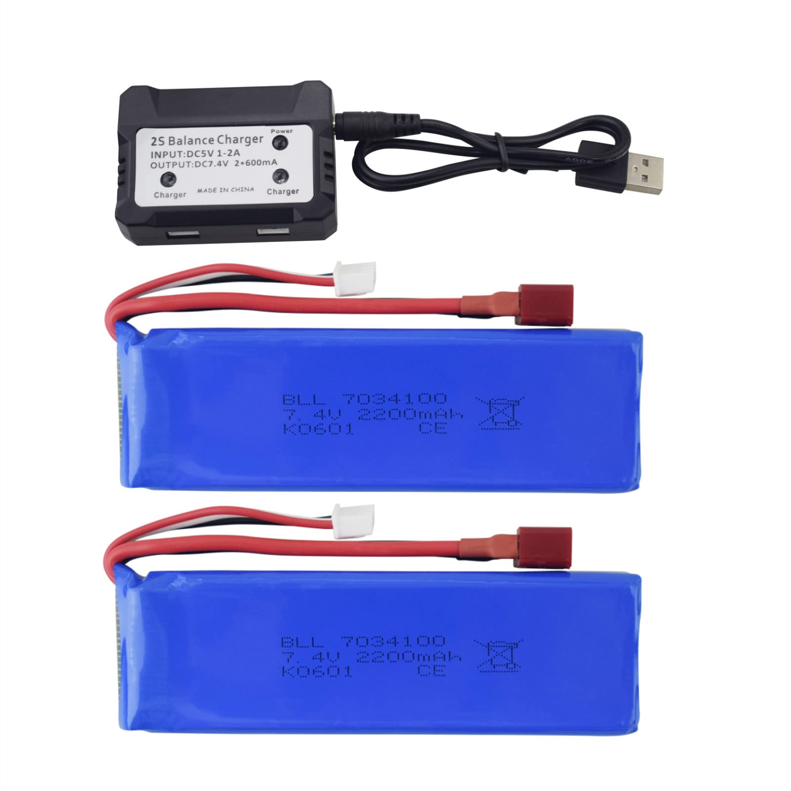 2PCS 7.4V 2200mah Lithium Battery with 2 in 1 Charger for WLtoys K949 10428 10428-A L202 High Speed Off-road Vehicle RC Four-wheel Drive Bigfoot Climbing Car Battery