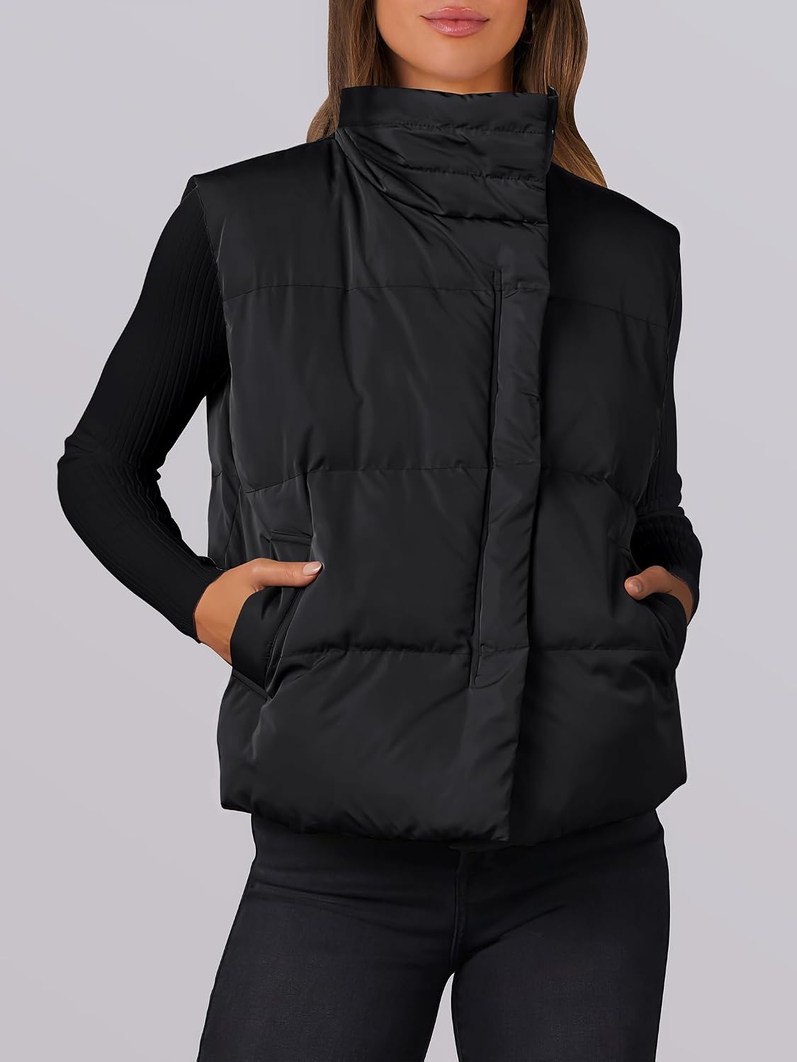 ANRABESS Women Puffer Vest Sleeveless Zip Up Stand Collar Quilted Lightweight Jacket Winter Warm Puffer Padded Down Outerwear