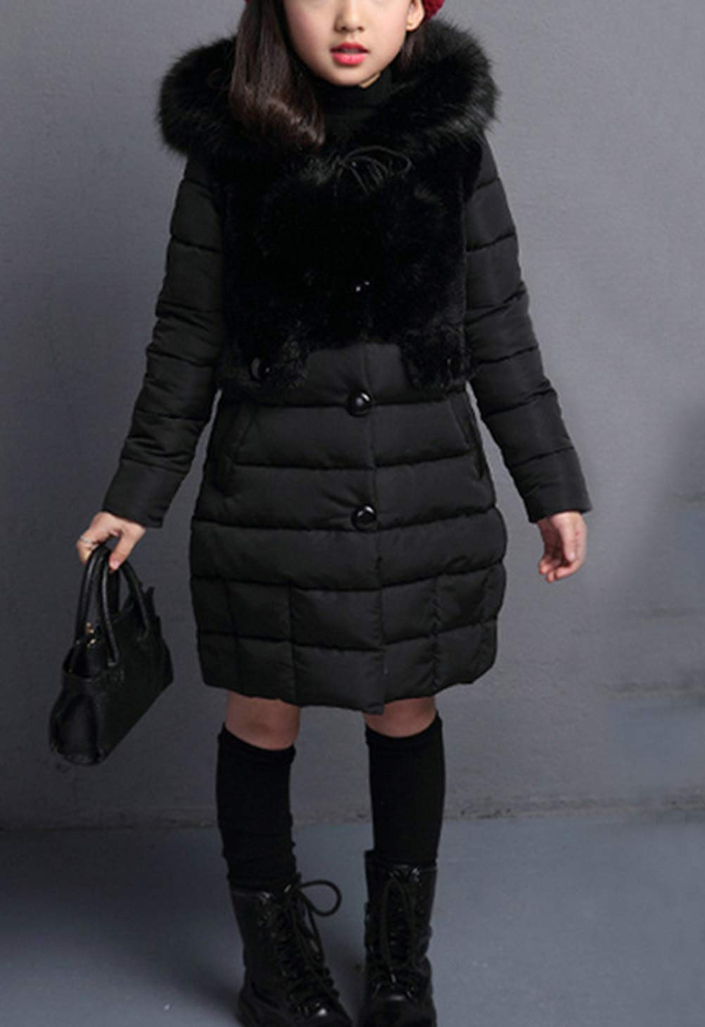 Chaqueta de plumón de Invierno niña Princesa Abrigo de Invierno otoño Parka Gruesa de Media Longitud con Piel con Capucha