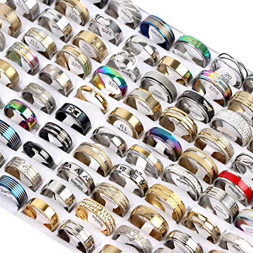 50Pcs/Lot Fashion Stainless Steel Heart Rhinestone Band Rings For Women Men Mix Style Party Jewelry Wholesale