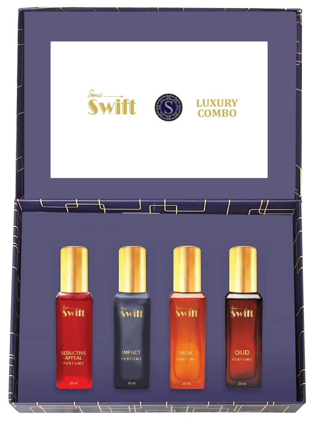 Simco Swift Ultimate Luxury Men's Perfume Gift Set - 4 x 20ml Eau De Parfum Collection Featuring MUSK, OUD, SEDUCTIVE APPEAL, and IMPACT | Exquisite Long-Lasting Fragrances for Every Occasion, Perfect for Gifting or Personal Indulgence
