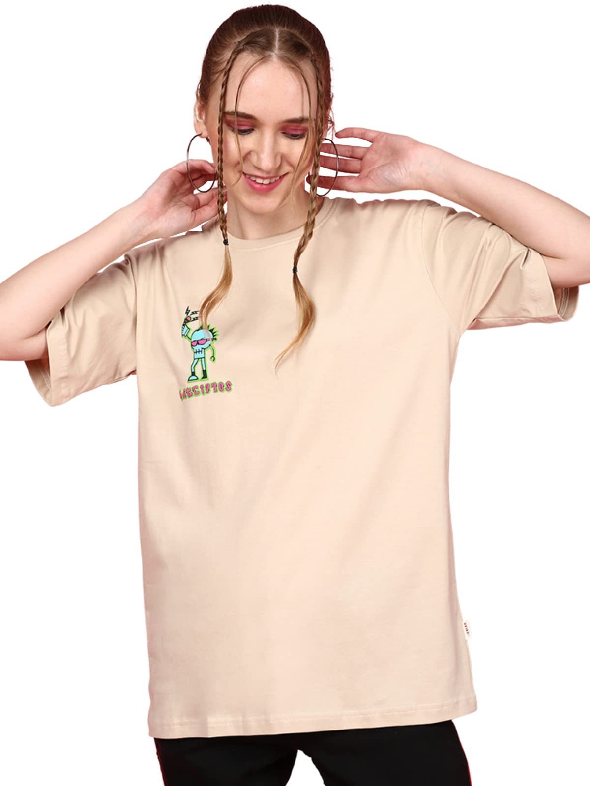 juneberry Oversized Loose Baggy Fit Drop Shoulder Round Neck Half Sleeve Cool Punk Graphic Printed Pure Cotton Boyfriend T-Shirt for Women-picture-42