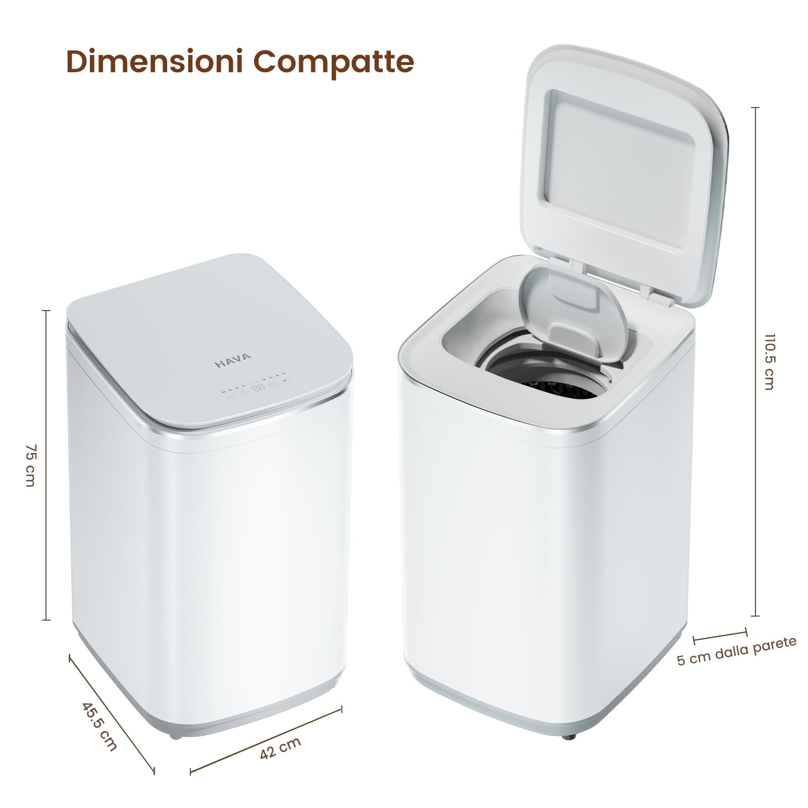 Lavatrice Portatile HAVA, Capacità 3 kg - Mini Lavasciuga Automatica, 8 Programmi, Lavaggio a Caldo, Scarico in Alto e Design Compatto per Piccoli Spazi