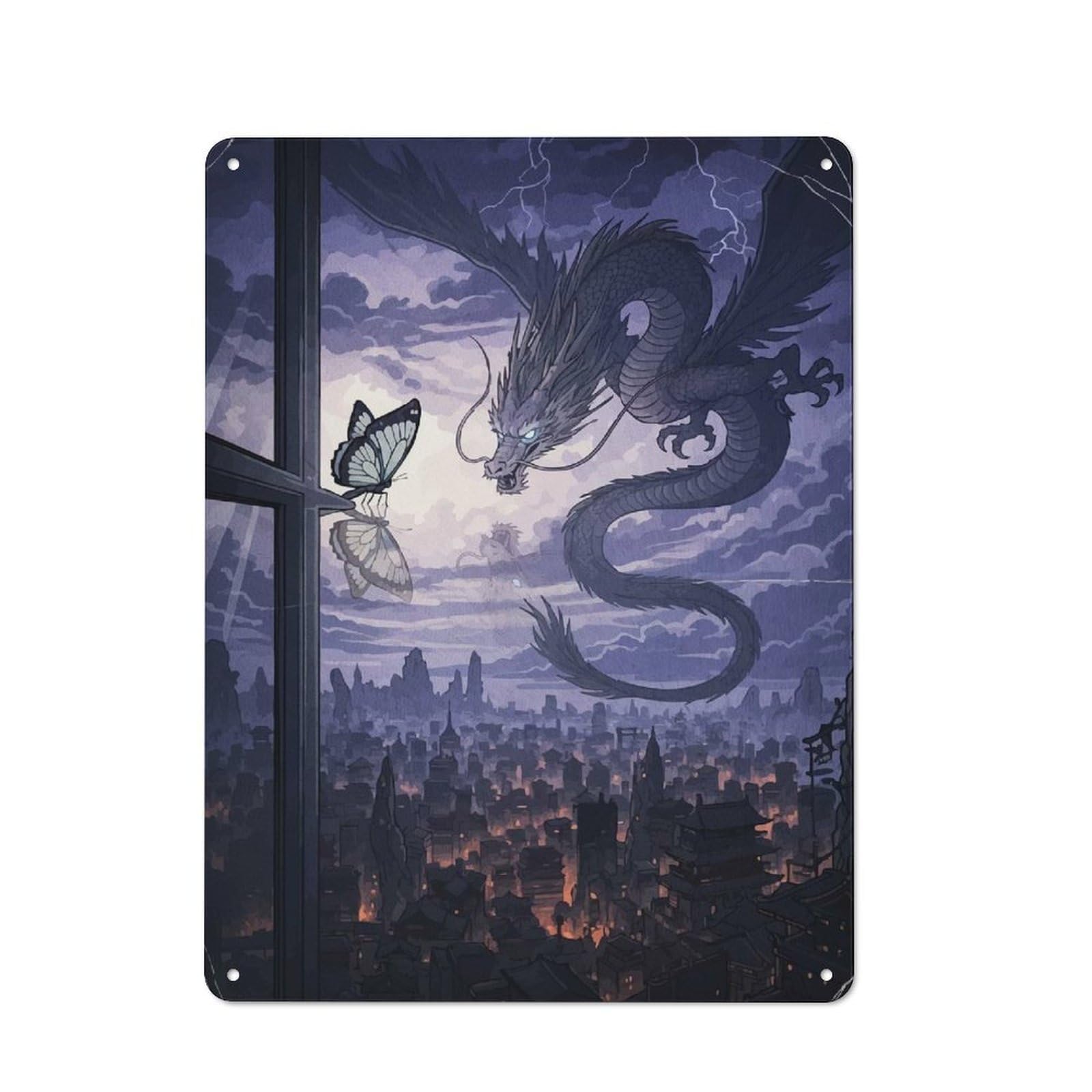 Junmoney Dragon Butterfly Cityscape Night Metal Wall Sign 40X30cm, Modern Retro Loft Wall Plaque For Flat, Bar, Studio Or Gallery Wall
