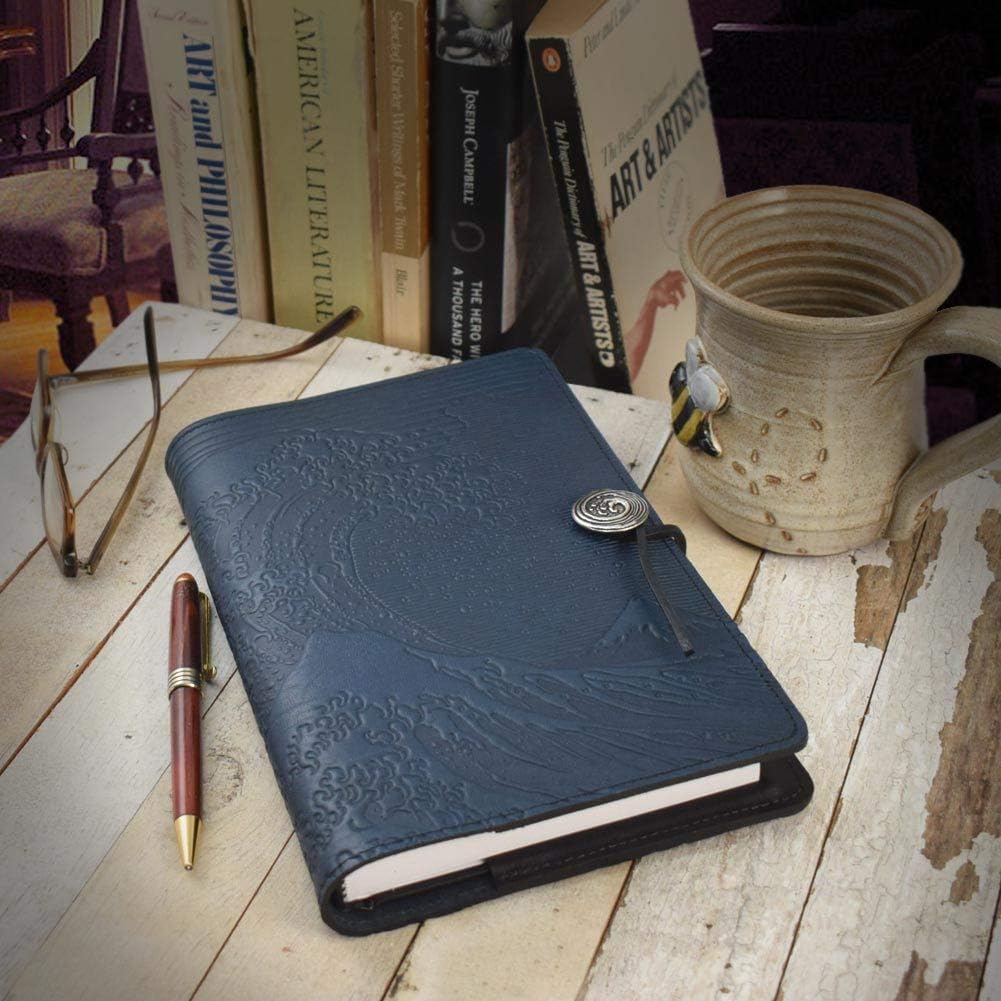 Modern Artisans Hokusai Wave American-Made Embossed Leather Writing Journal Cover, Navy Blue, 6 x 9-inch + Refillable A5 Hard Bound Insert Book