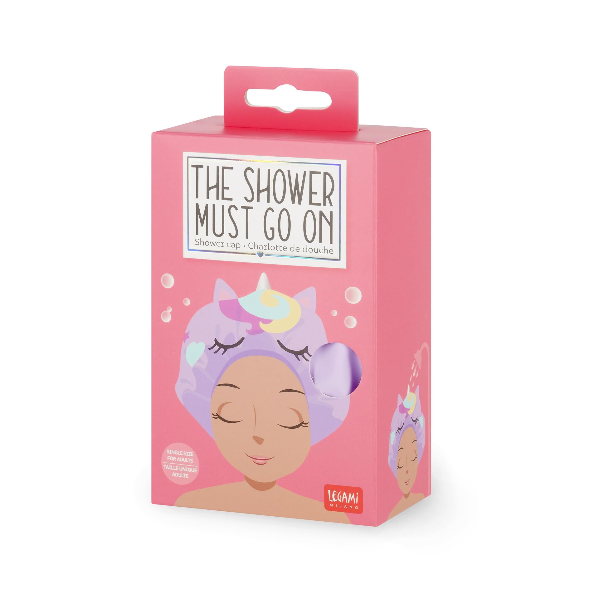 Legami - Bonnet de douche The Shower Must Go On, réutilisable imperméable, bord élastique, taille unique, matériau EVA, thème licorne