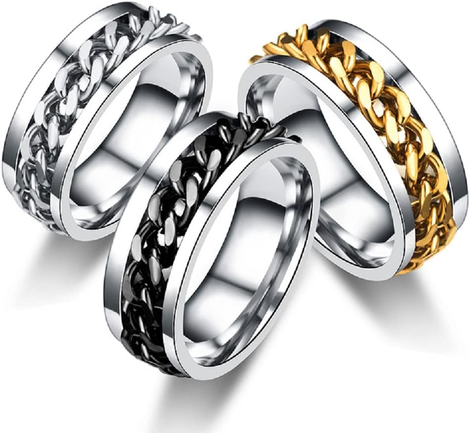 COLORFUL BLING 3 pcs 8mm Spinner Ring Stainless Steel Fidget Rings Anti Anxiety for Men Women Cool Grooved Anxiety Stress Roller Rings Cool Jewelry