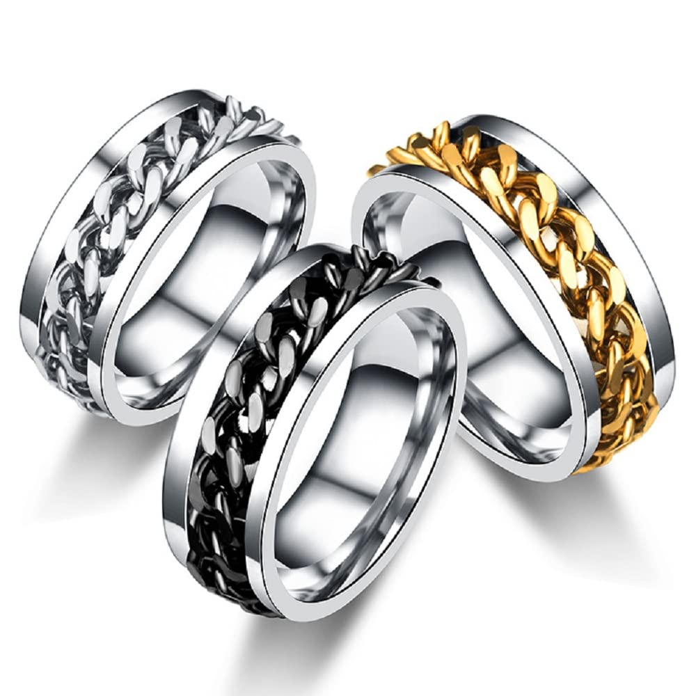 COLORFUL BLING 3 pcs 8mm Spinner Ring Stainless Steel Fidget Rings Anti Anxiety for Men Women Cool Grooved Anxiety Stress Roller Rings Cool Jewelry-Size 6