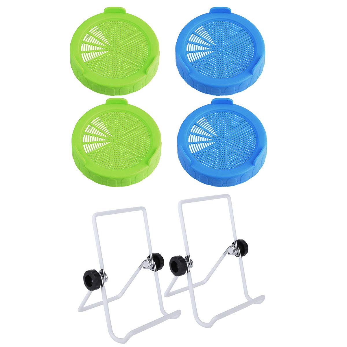 iEFiEL Planting Seedlings Germination Sets with 4Pcs Plastic Sprouting Strainer Lids and 2 Pack Stainless Steel Canning Stands White One Size