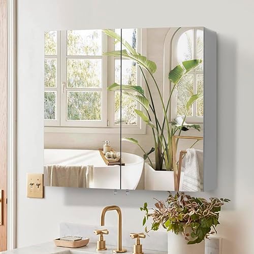 Miniatura 2 de Movo Armario con espejo de medicina, 30 pulgadas de ancho x 26 pulgadas de alto, sin marco, de doble puerta, con espejo, para montaje en pared,
