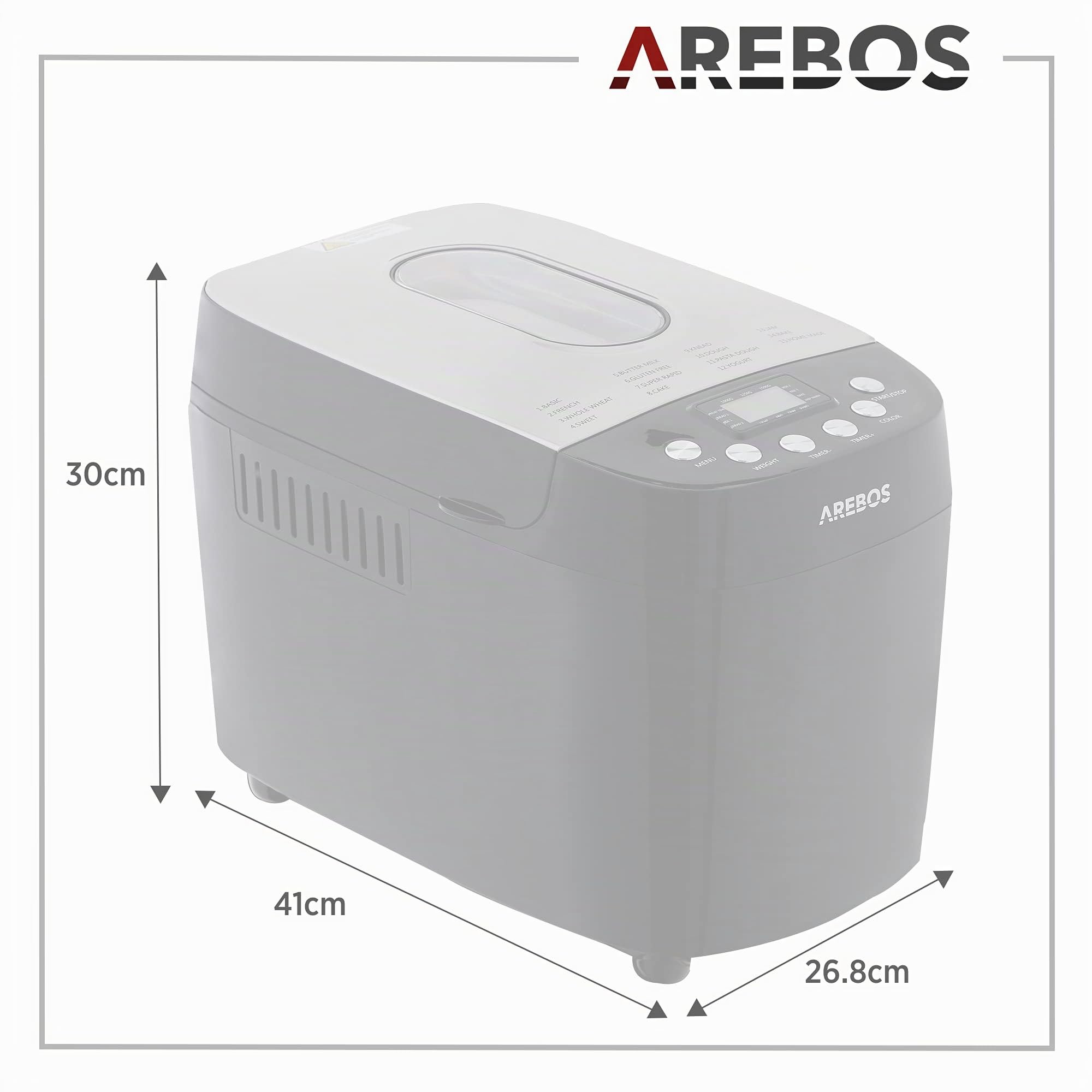 Arebos Machine à pain 1500 g 850 W Noir 15 programmes 2 crochets de pétrissage