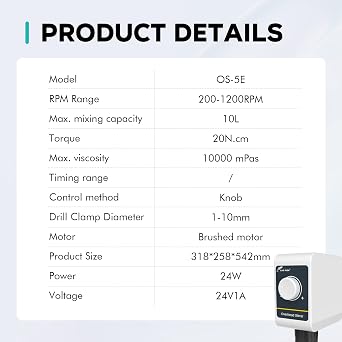 LAB FISH OS-5E Overhead Stirrer, 10L 200-1200RPM | Overhead lab mixer with knob speed control, handles high viscosity liquids, for chem, reagent & paint mixing
