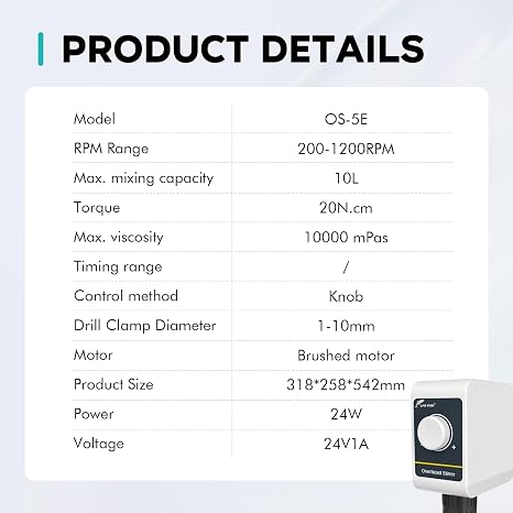 LAB FISH OS-5E Overhead Stirrer, 10L 200-1200RPM | Overhead lab mixer with knob speed control, handles high viscosity liquids, for chem, reagent & paint mixing
