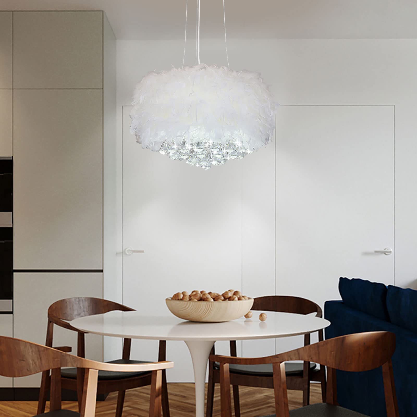 Kaichenyt Feather Lampshade 40cm White Feather Pendant Light with Crystal Elegant Fluffy Feather Chandelier Modern Home Decoration for Living Room, Bedroom, Restaurant, Hotel
