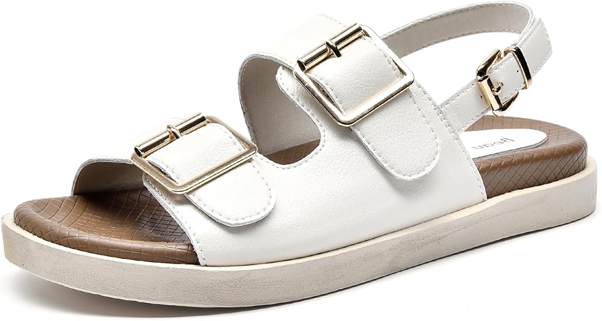 BEAU TODAY Flat Sandals for Women, Fashion Strappy Sandal Comfortable Arch Support, Open Toe Beach Dressy Leather Summer Platform Sandals